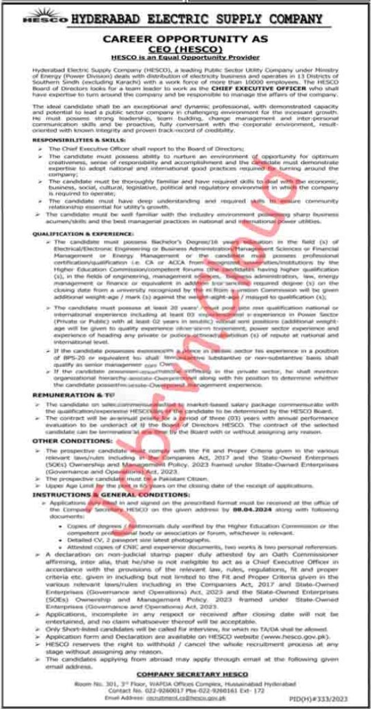 HESCO Jobs In Hyderabad Electric Supply Company In March 2024